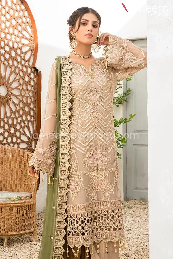 HSY Pakistani Kameez with Trousers in Peach Color #PF82