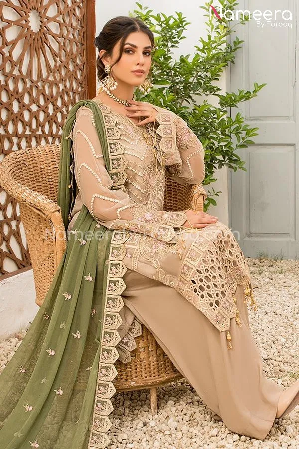 HSY Pakistani Kameez with Trousers in Peach Color #PF82