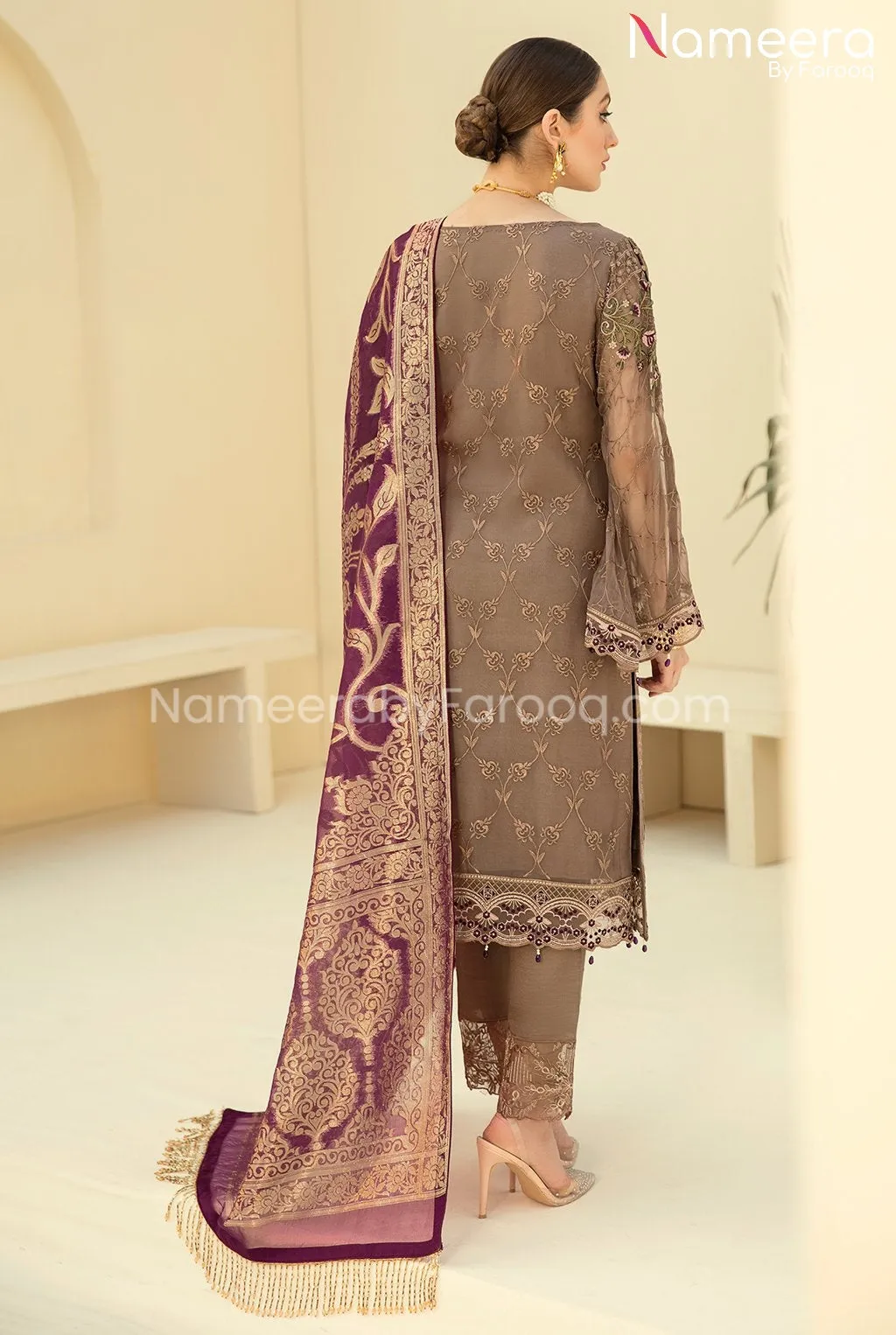 HSY Pakistani Party Dress in Mehndi Color Online #PF102