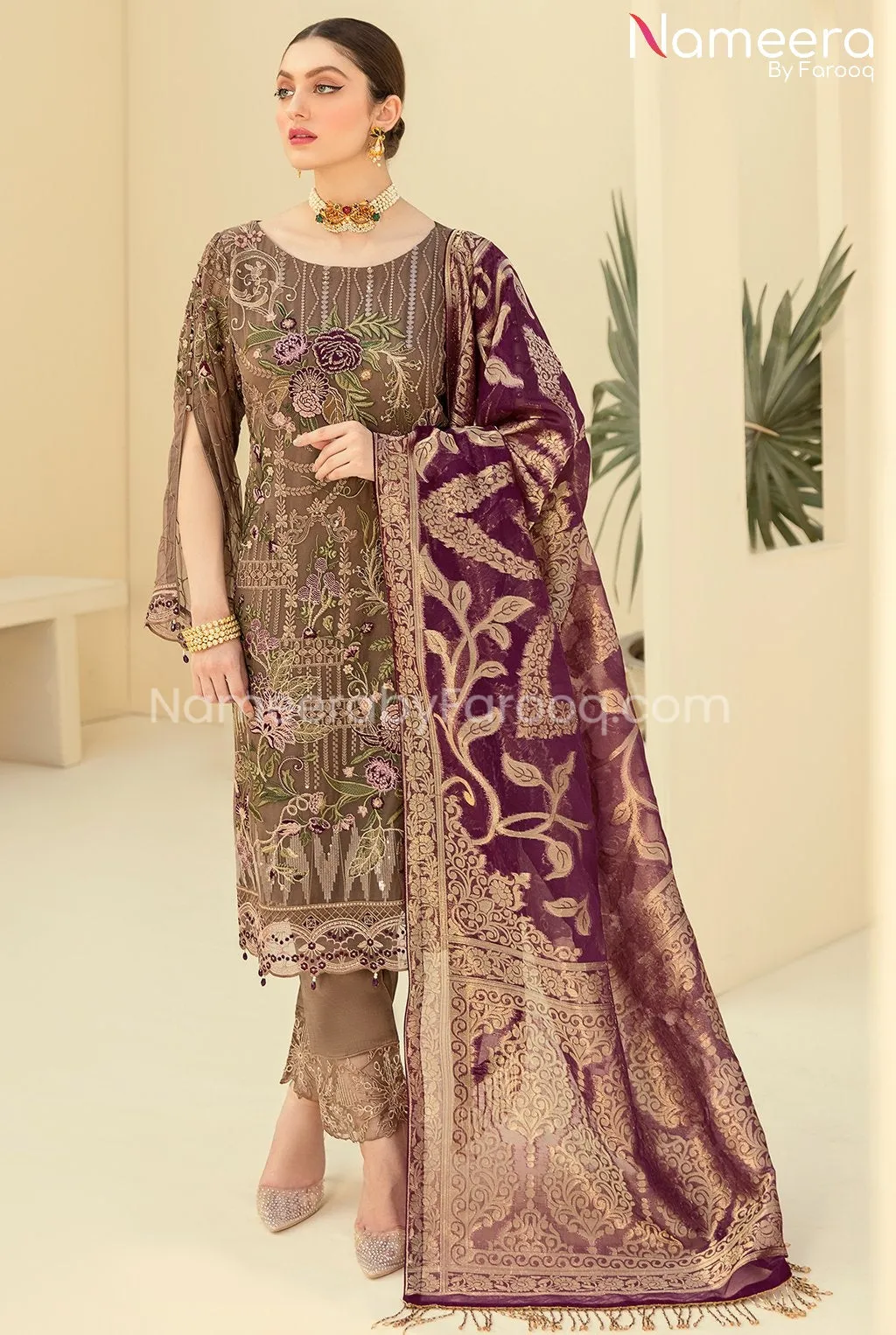 HSY Pakistani Party Dress in Mehndi Color Online #PF102