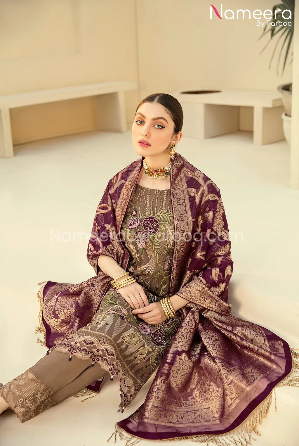 HSY Pakistani Party Dress in Mehndi Color Online #PF102