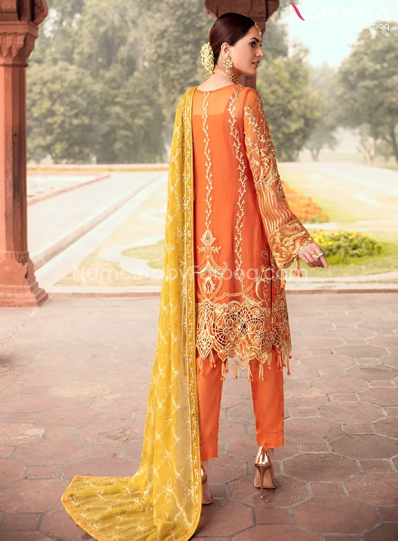 HSY Pakistani Traditional Dress in Orange Color #PF89