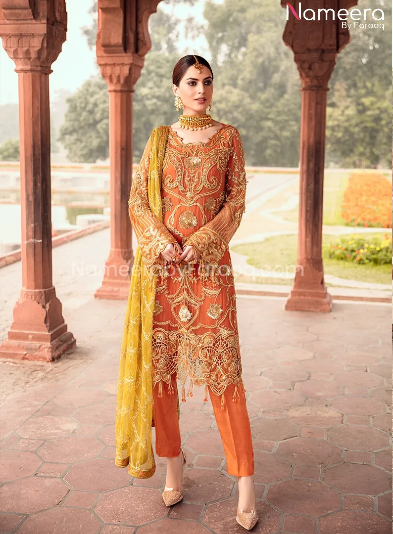 HSY Pakistani Traditional Dress in Orange Color #PF89