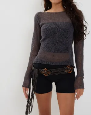 Imelda Fine Open Knit Long Sleeve Top in Dark Charcoal