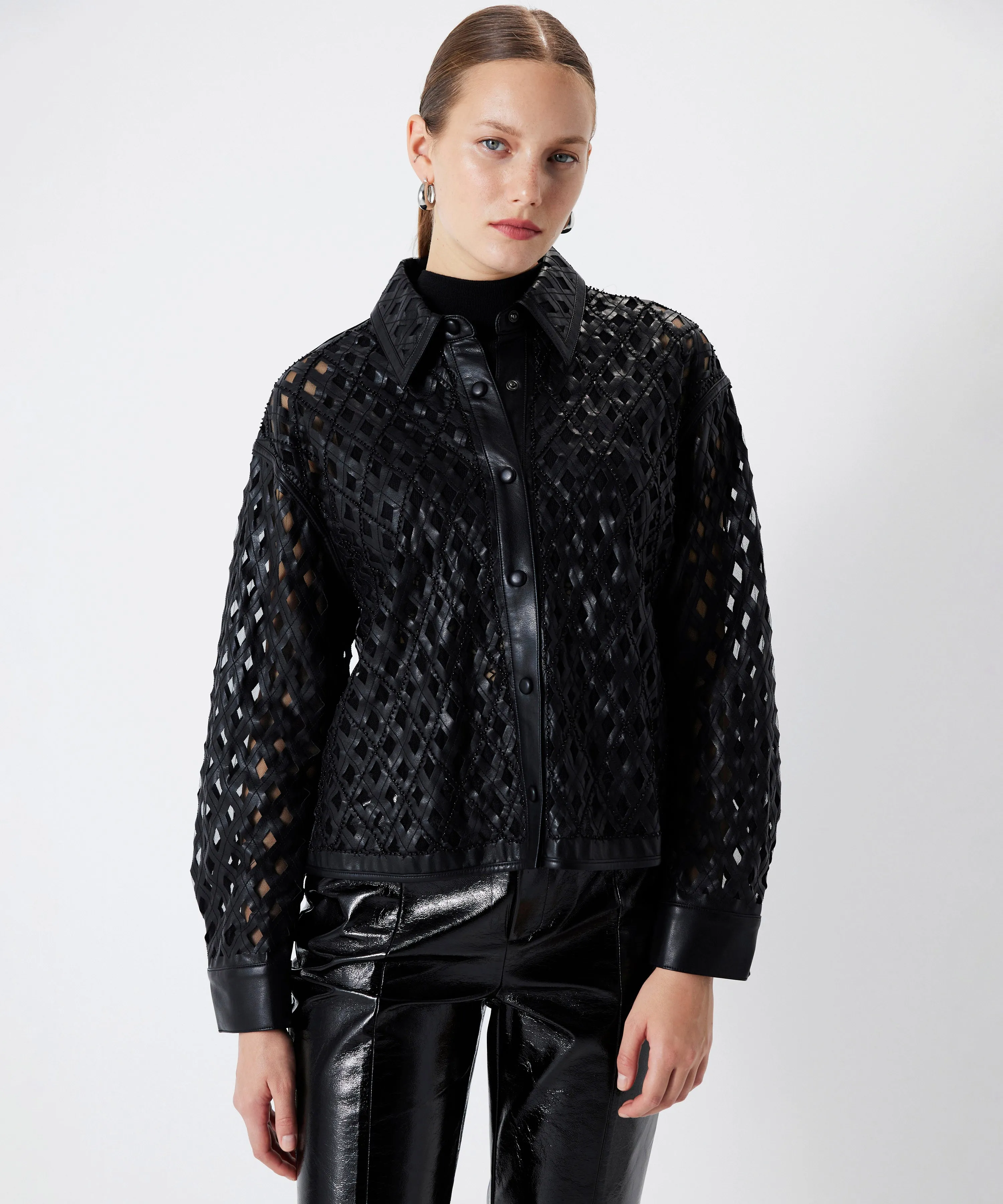 Ipekyol Leather Look Embroidered Coat Black