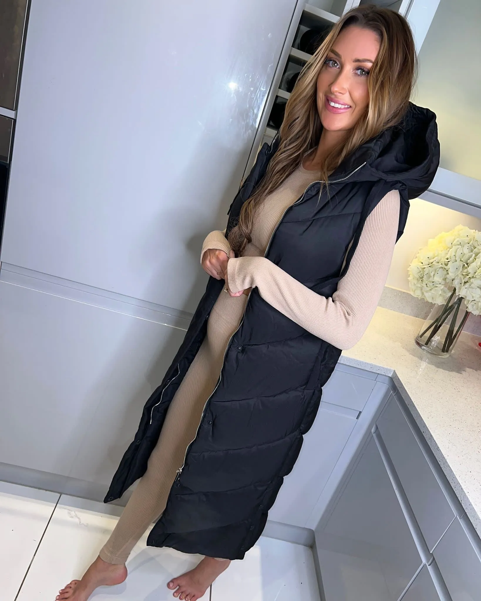 'Klarissa’ Black Turtle Neck Hooded Longline Padded Gilet