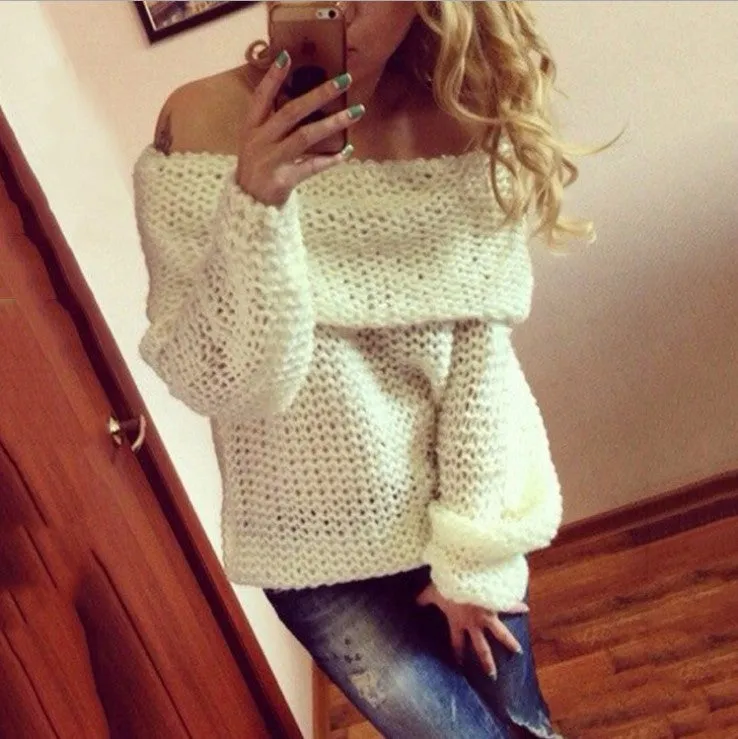 Lapel Off-The-Shoulder Loose Thick Sweater