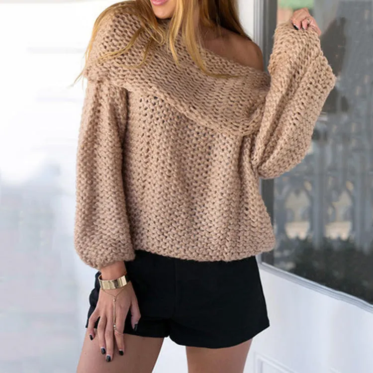 Lapel Off-The-Shoulder Loose Thick Sweater