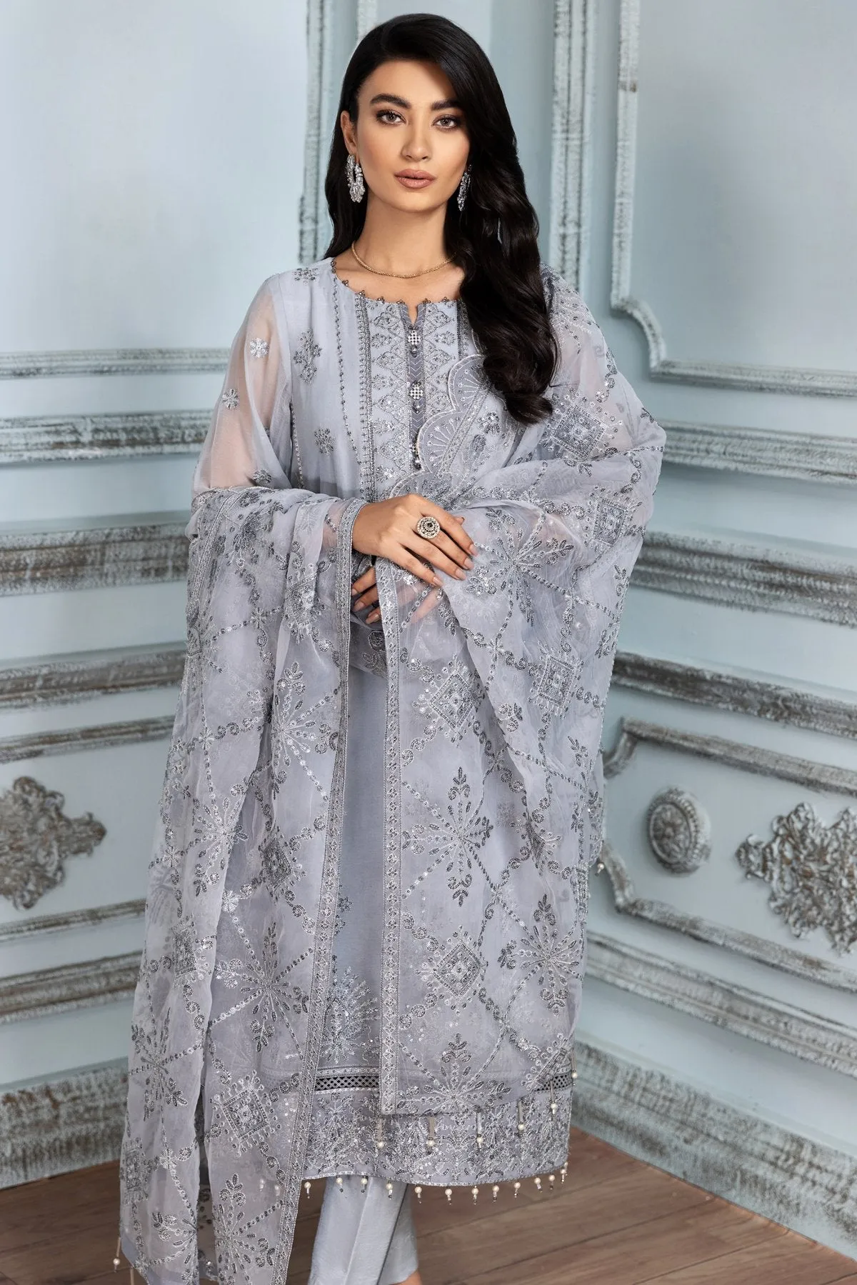 Latest Pakistani Party Wear in Light Grey Shade #PF288