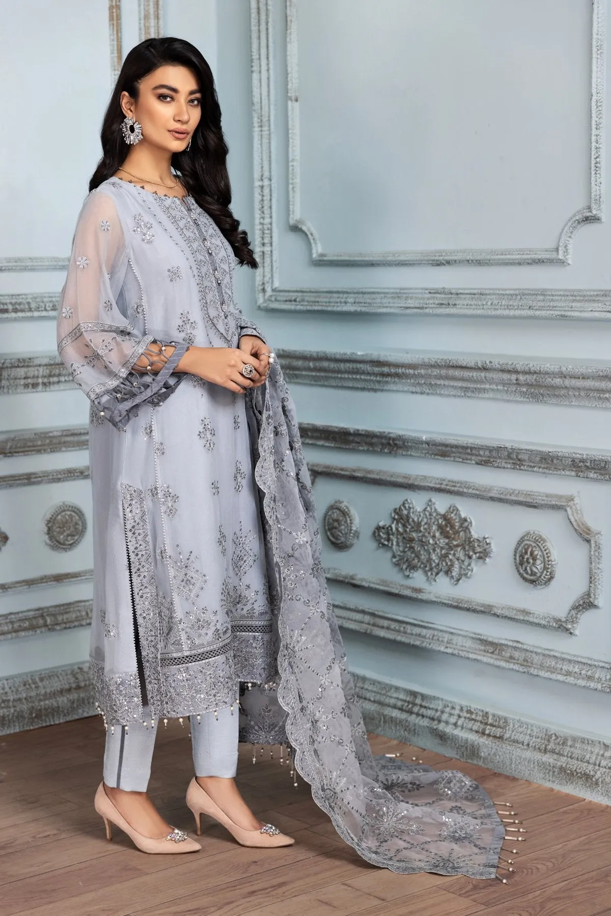 Latest Pakistani Party Wear in Light Grey Shade #PF288