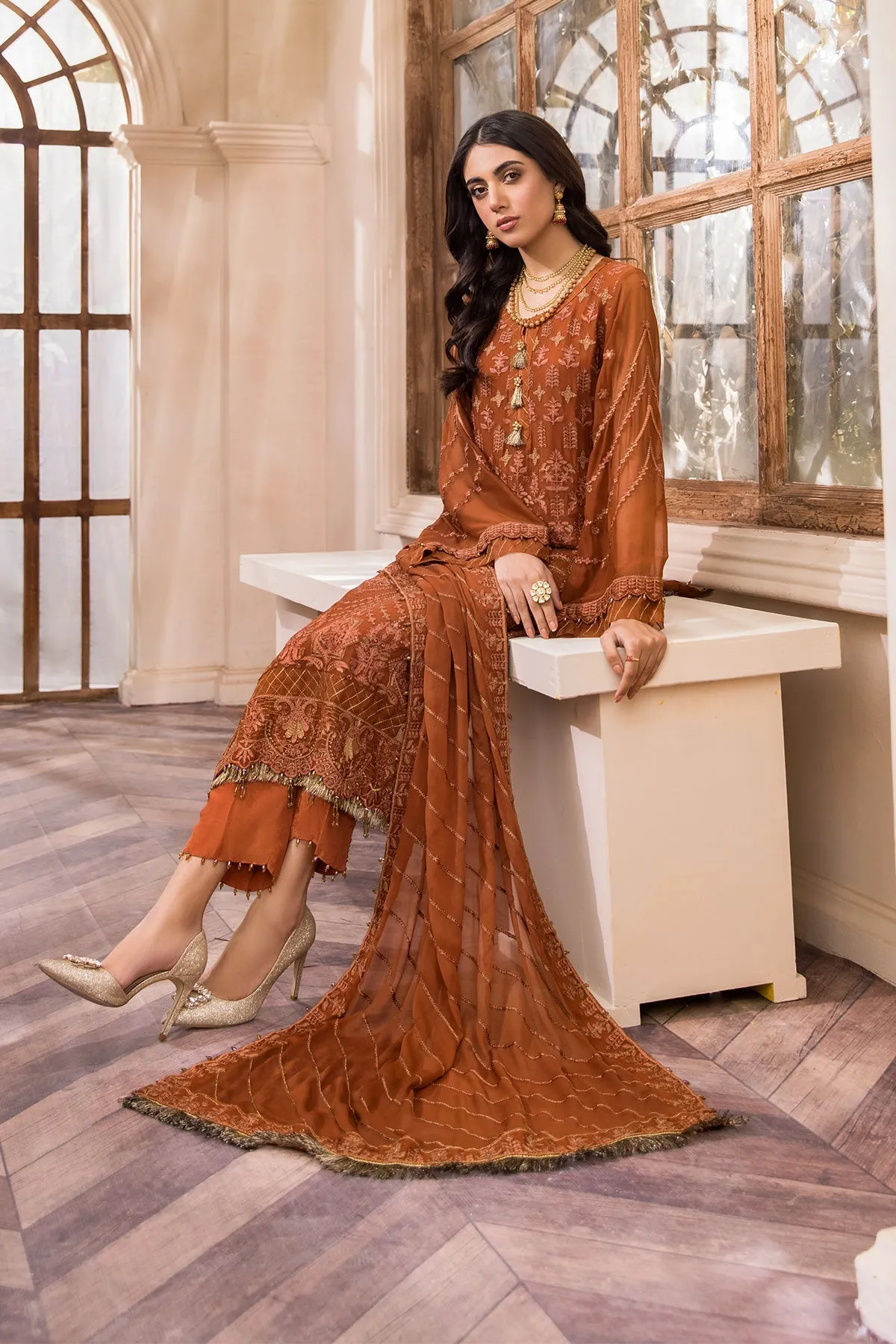 Latest Rusty Orange Salwar Kameez in Chiffon #PF445