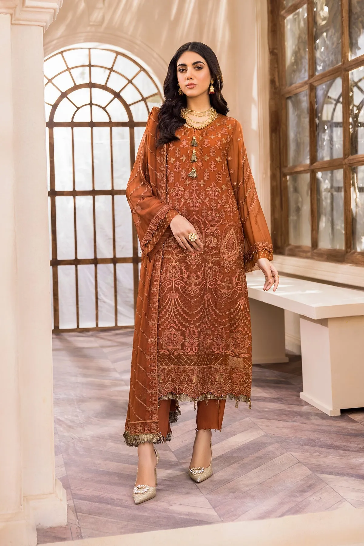 Latest Rusty Orange Salwar Kameez in Chiffon #PF445