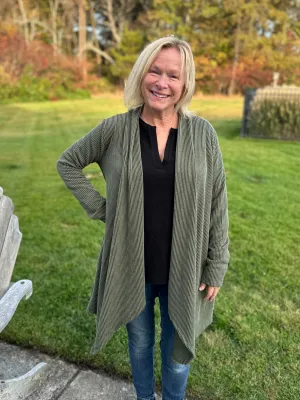 Long Sleeve Ribbed Knit Open Cardigan in Olive