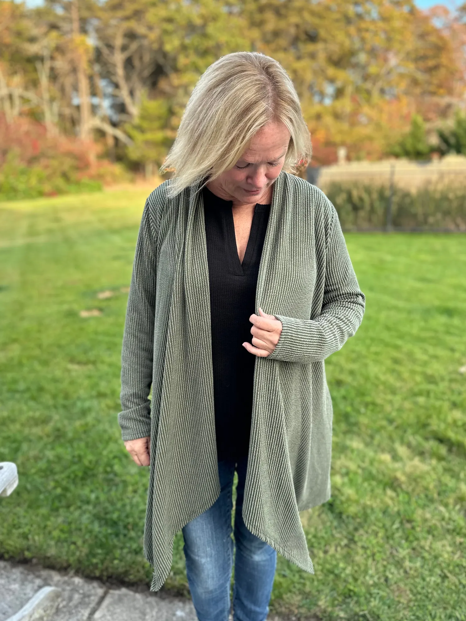 Long Sleeve Ribbed Knit Open Cardigan in Olive