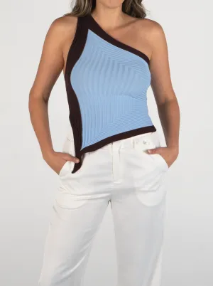 Luna One Shoulder Knit Top- Blue/Brown