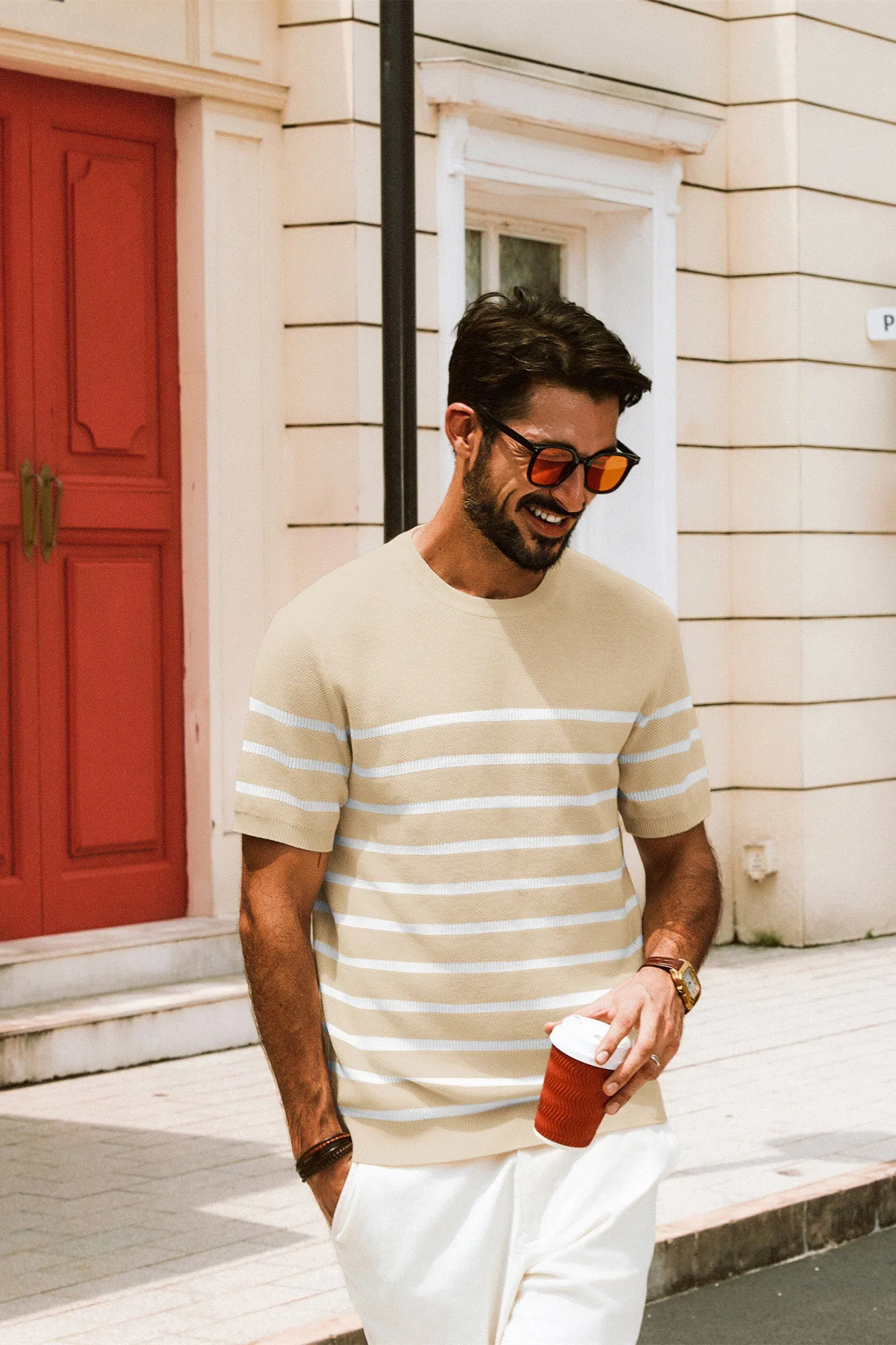 Men Striped Knitted T-Shirt Short Sleeve Crew Neck Ribbed Cuff Knitwear Tops