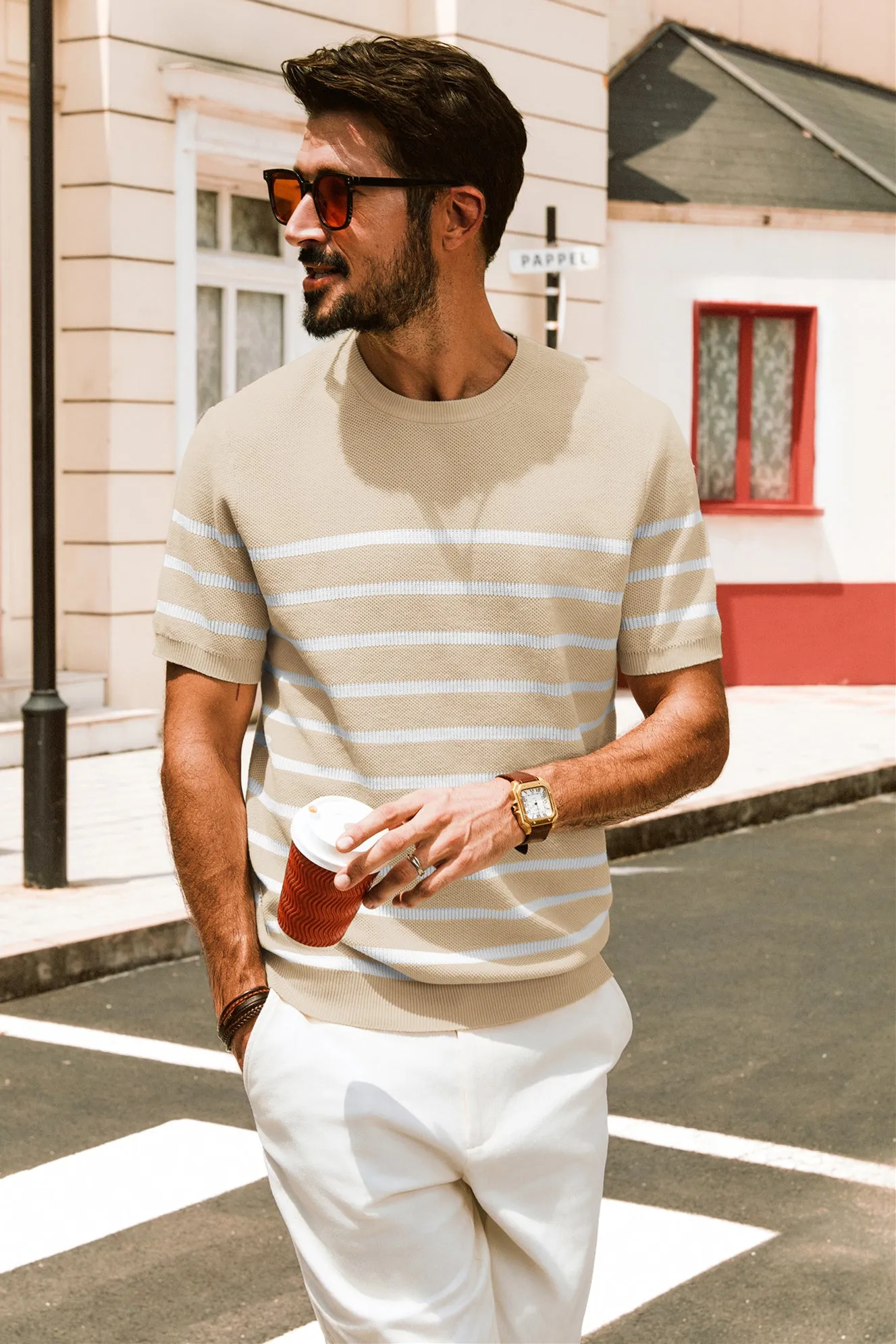 Men Striped Knitted T-Shirt Short Sleeve Crew Neck Ribbed Cuff Knitwear Tops