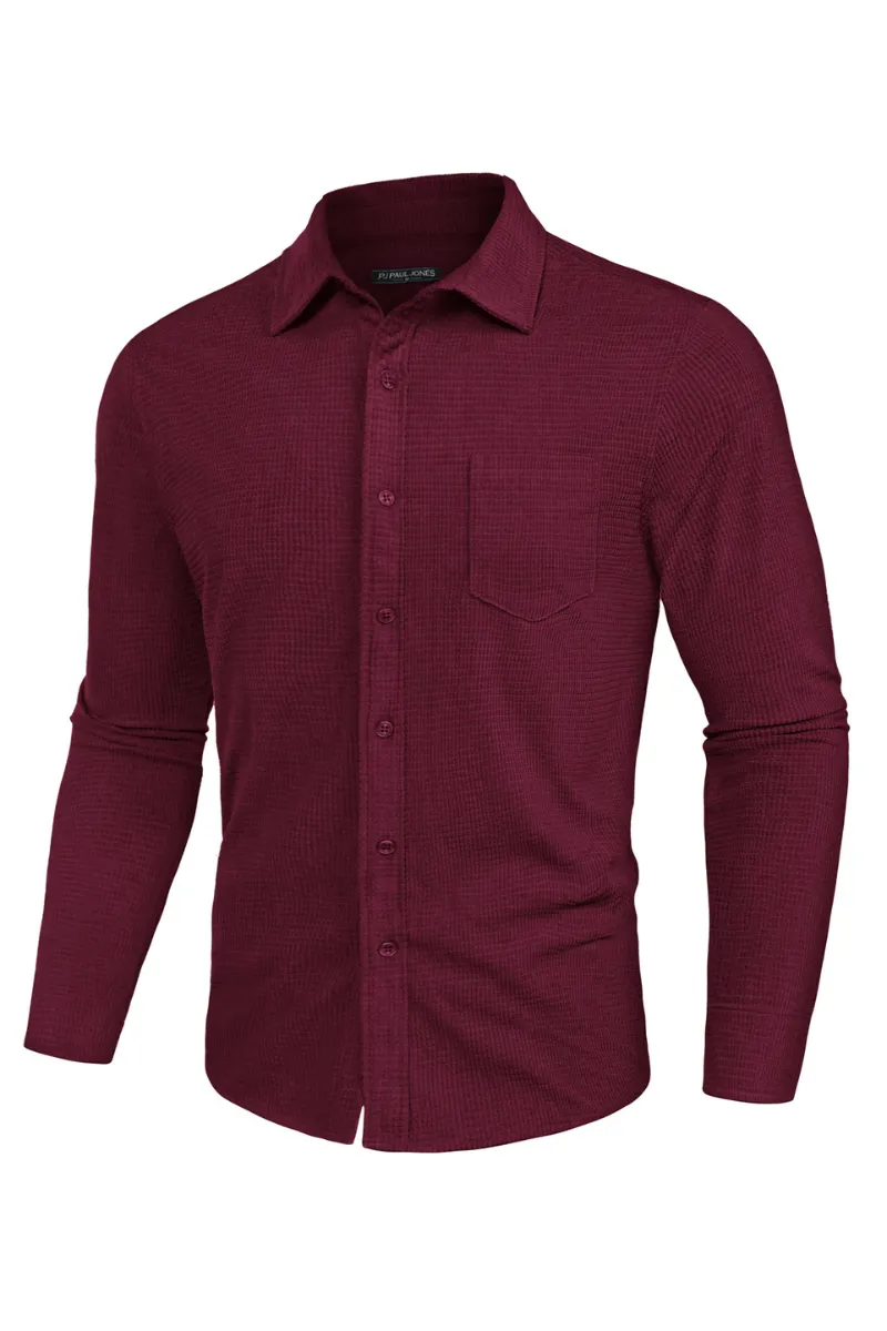 Men Stylish Textured Shirt Long Sleeve Classic Collar Button-up Tops