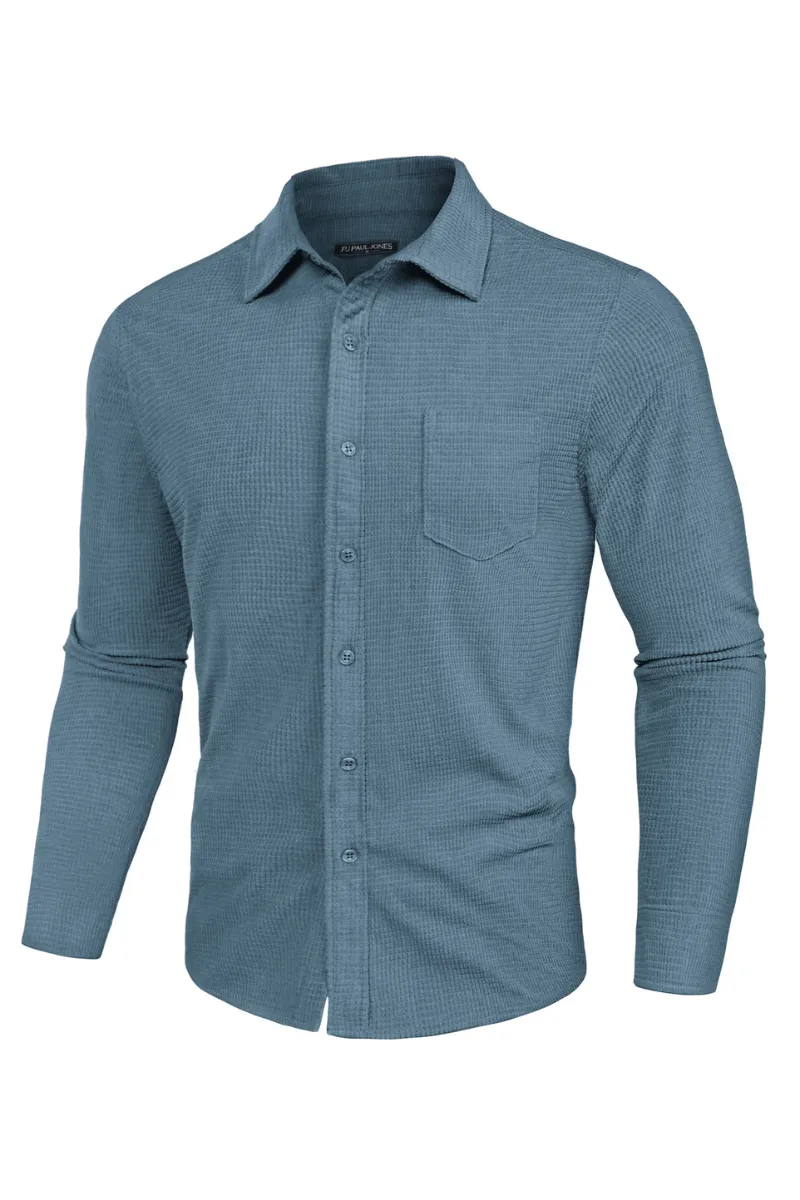 Men Stylish Textured Shirt Long Sleeve Classic Collar Button-up Tops