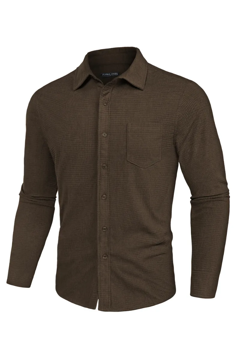 Men Stylish Textured Shirt Long Sleeve Classic Collar Button-up Tops