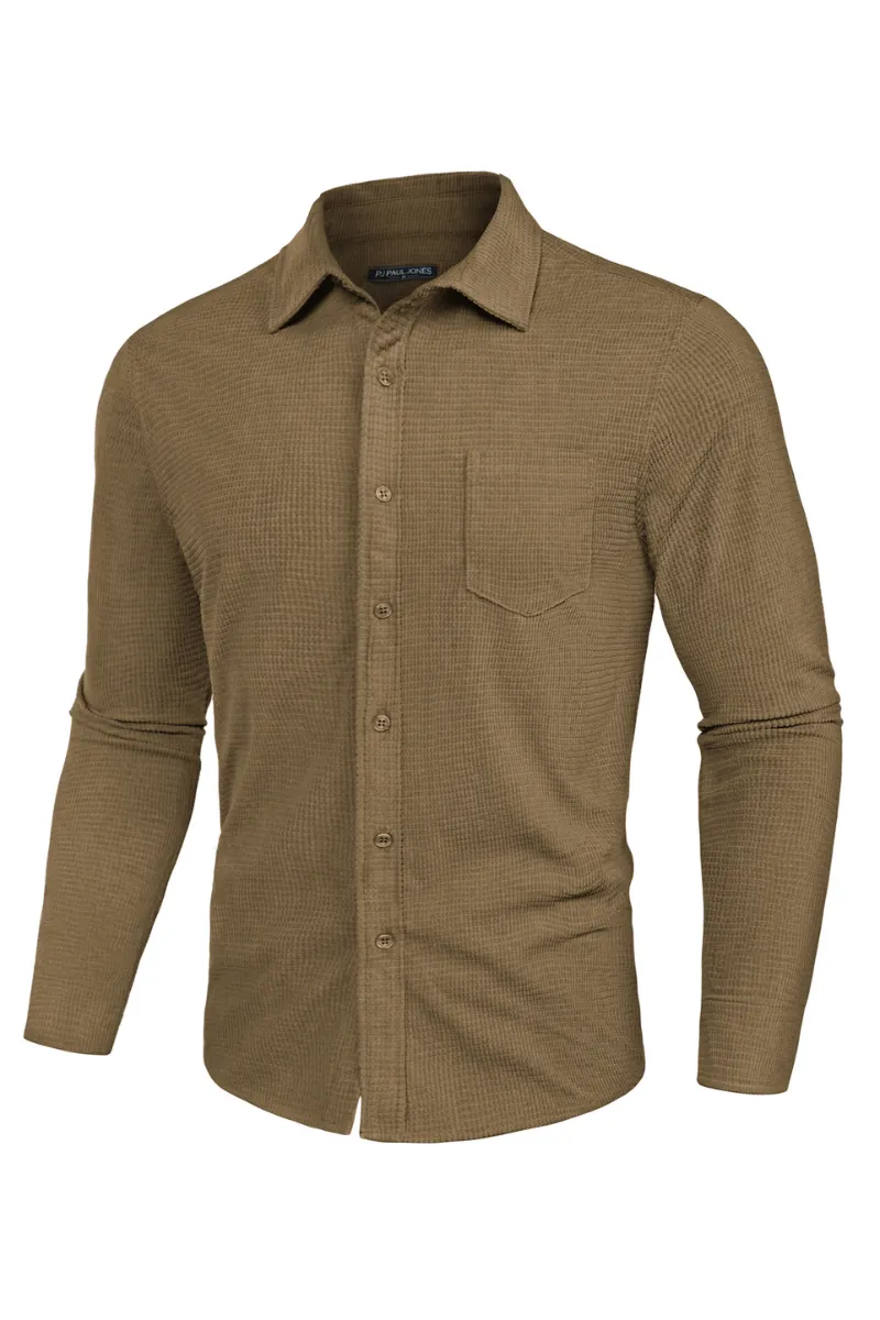 Men Stylish Textured Shirt Long Sleeve Classic Collar Button-up Tops