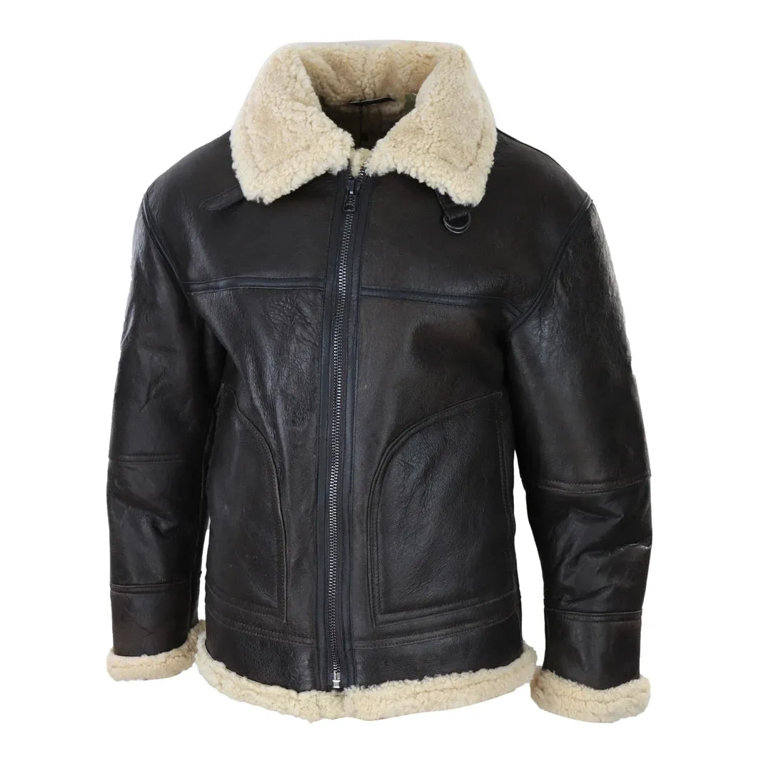 Men's Brown Sheepskin Flying Jacket Zipped Cream Fur Classic WW2 Pilot Military