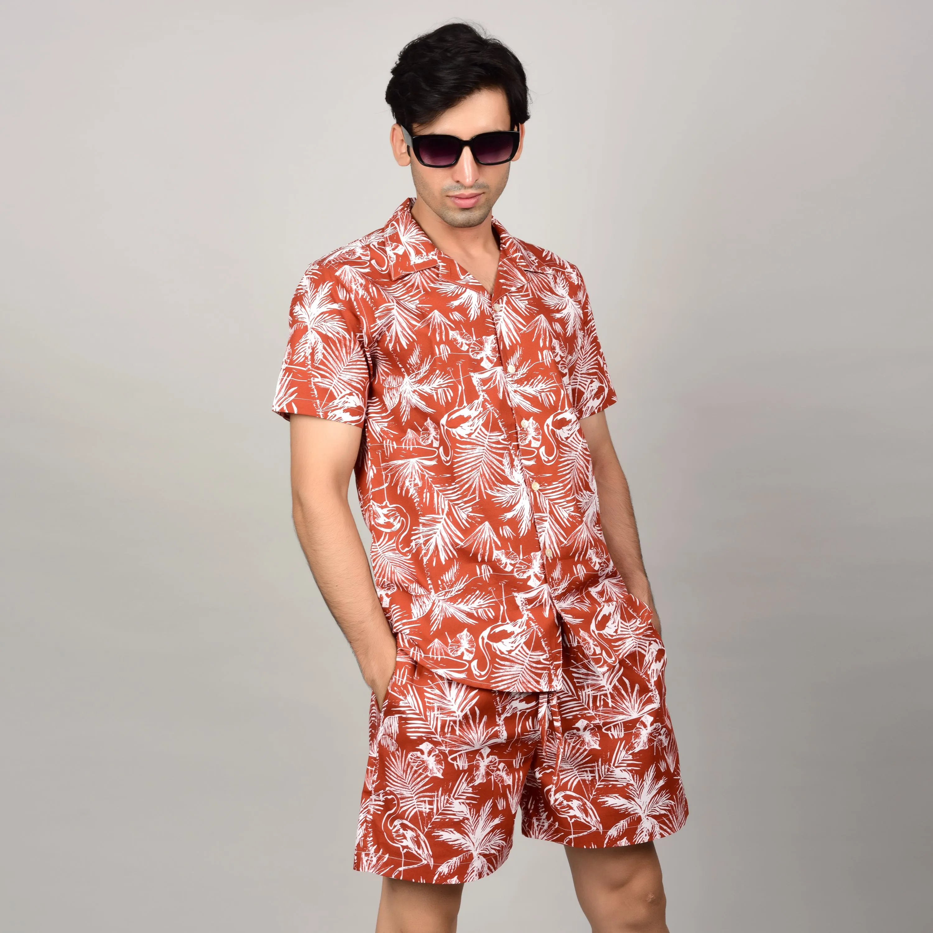 Men's Crimson Red Shirt - Floral or Leaf Print