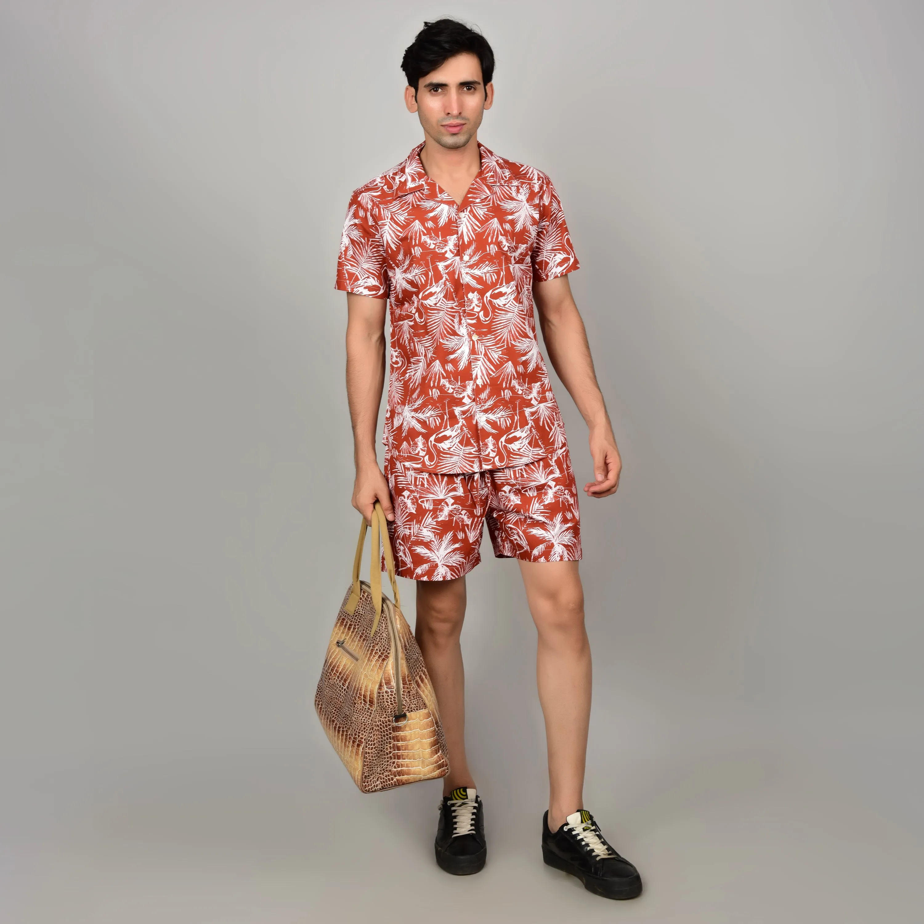 Men's Crimson Red Shirt - Floral or Leaf Print