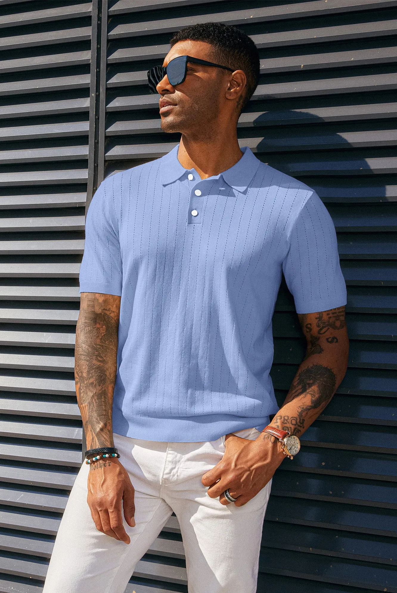 Men's Knit Polo Shirts Casual Short Sleeve Solid Button Down Pullover Polo T Shirts