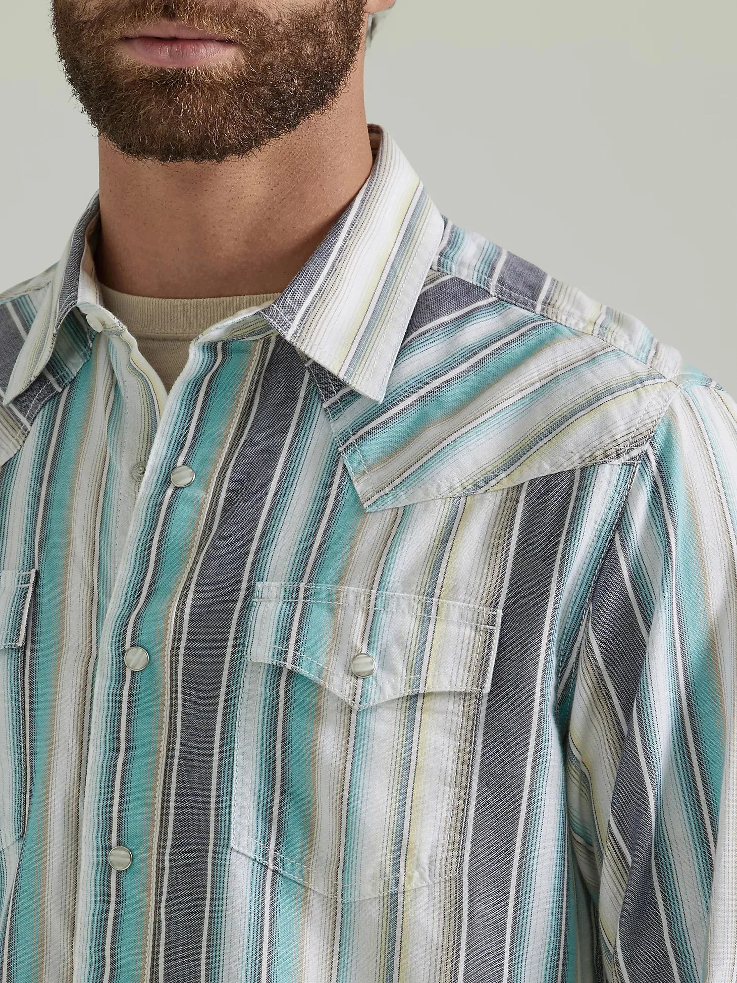 Men's Wrangler RETRO PREMIUM WESTERN SNAP PRINT SHIRT IN SEAFOAM STRIPE - 112346626