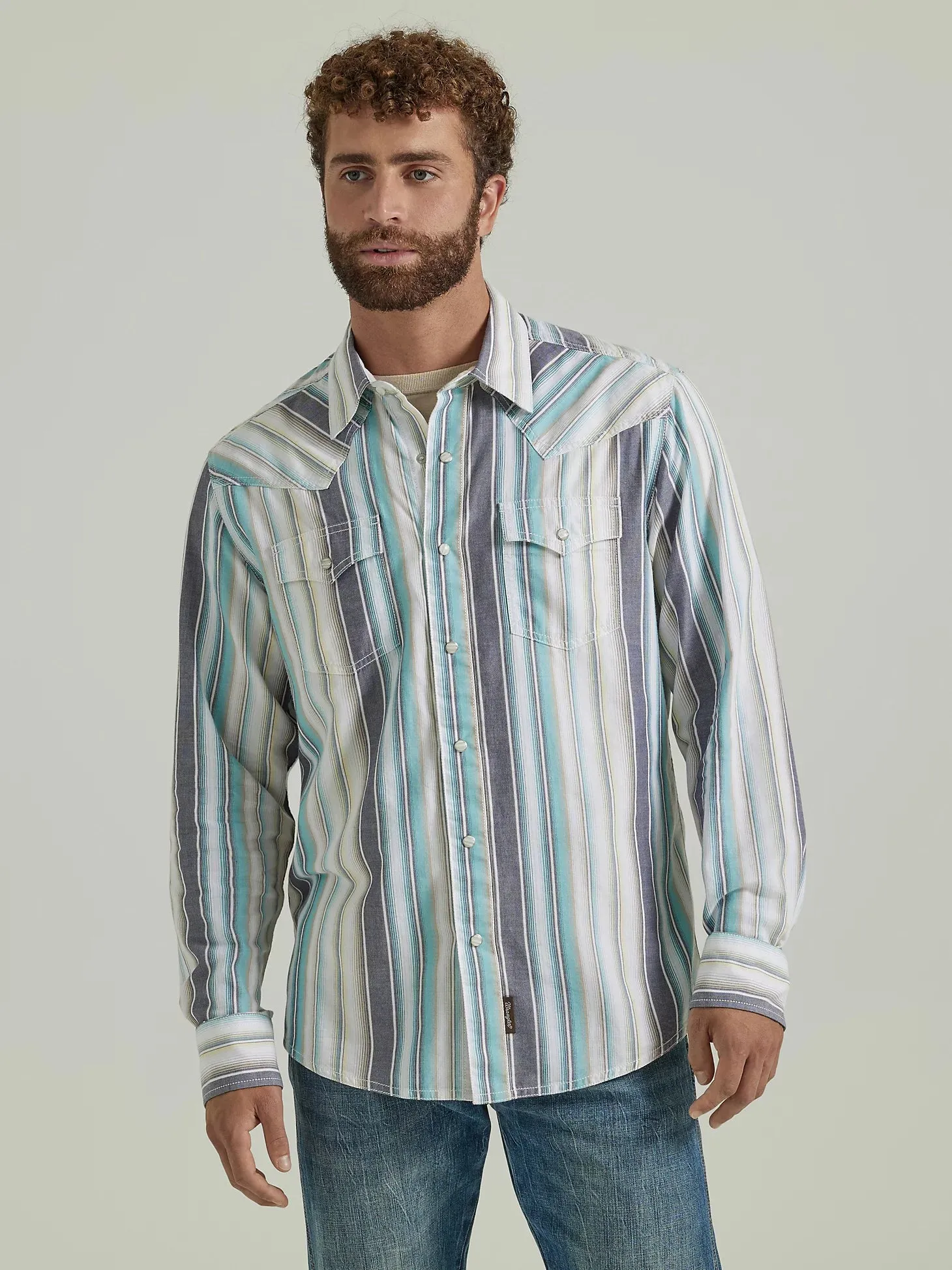 Men's Wrangler RETRO PREMIUM WESTERN SNAP PRINT SHIRT IN SEAFOAM STRIPE - 112346626