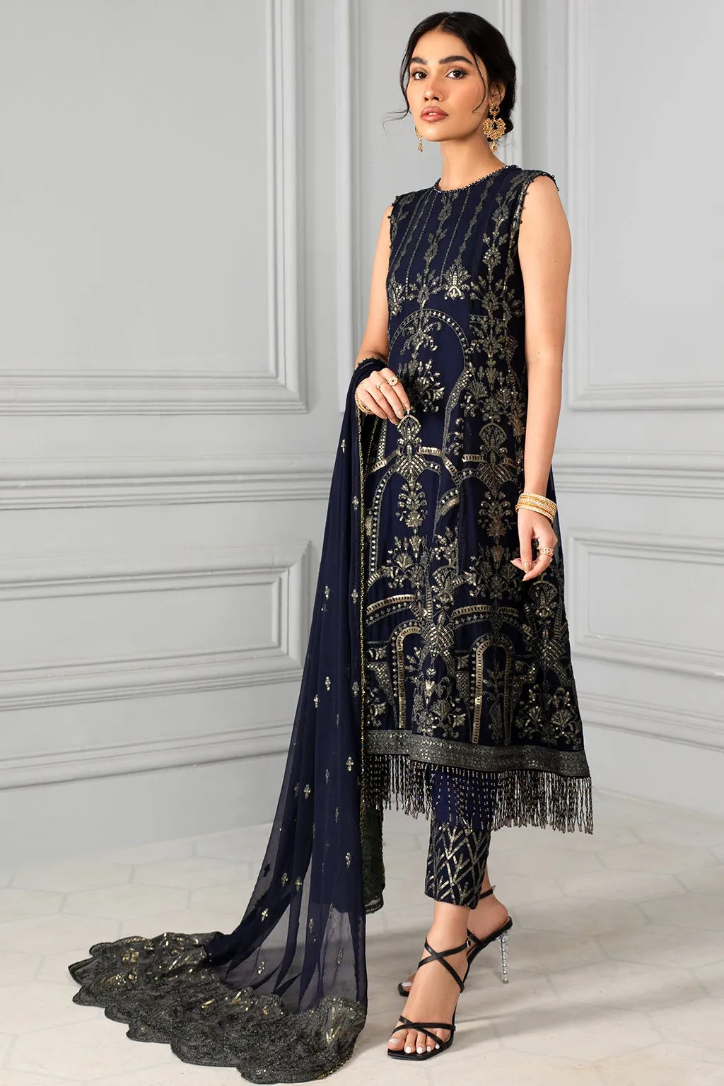 Navy Blue Pakistani Dress with Fine Embroidery #PF324