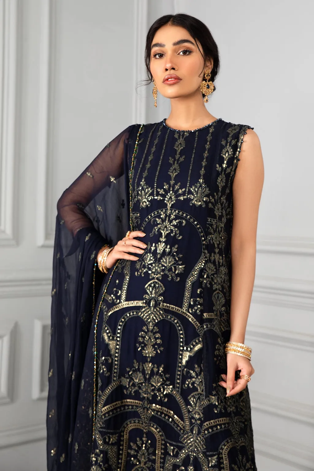 Navy Blue Pakistani Dress with Fine Embroidery #PF324