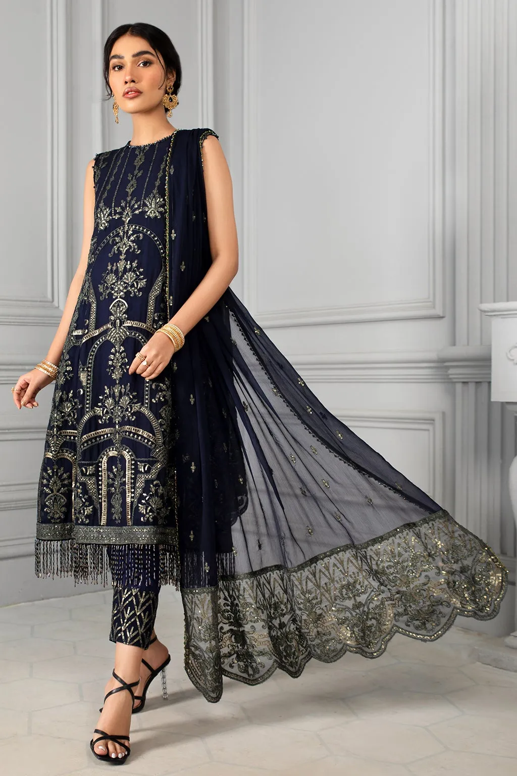 Navy Blue Pakistani Dress with Fine Embroidery #PF324