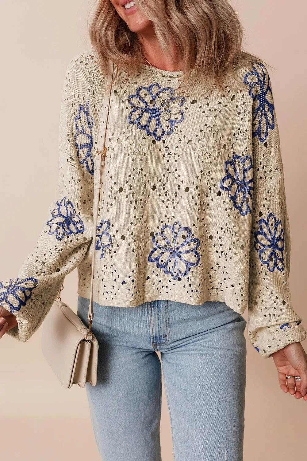 Openwork Long Sleeve Knit Top Round Neck