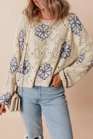 Openwork Long Sleeve Knit Top Round Neck