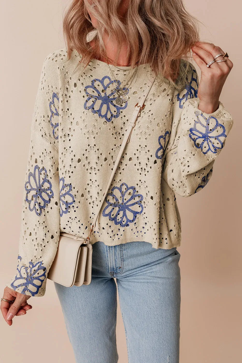 Openwork Long Sleeve Knit Top Round Neck