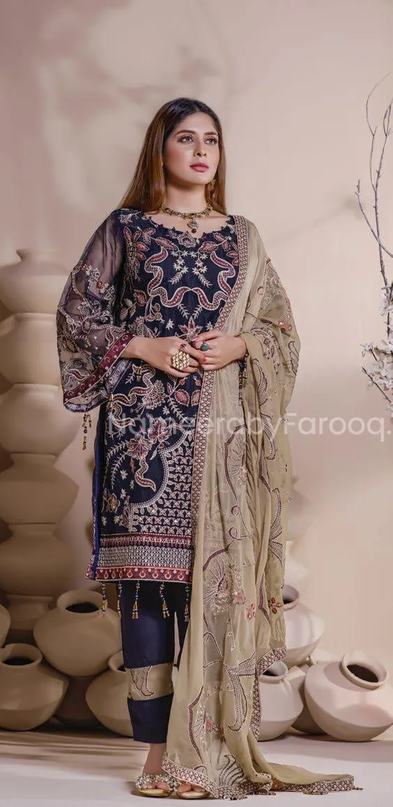 Pakistani Embroidered Dress in Blue Color 2021 #PF212