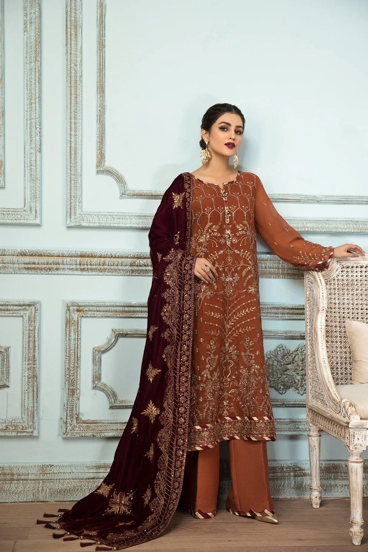 Pakistani Kameez Salwar in Rusty Brown Shade #PF287