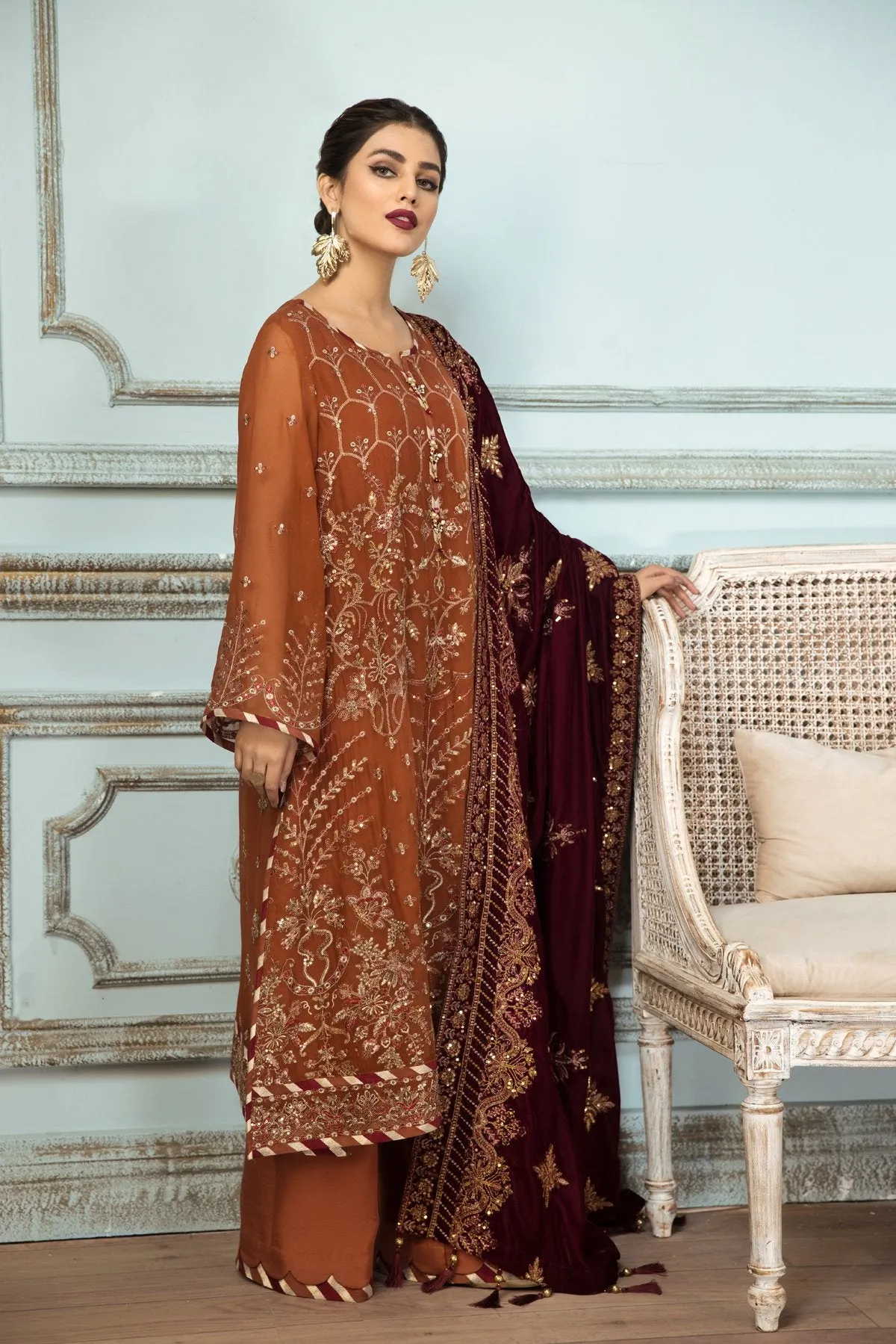 Pakistani Kameez Salwar in Rusty Brown Shade #PF287