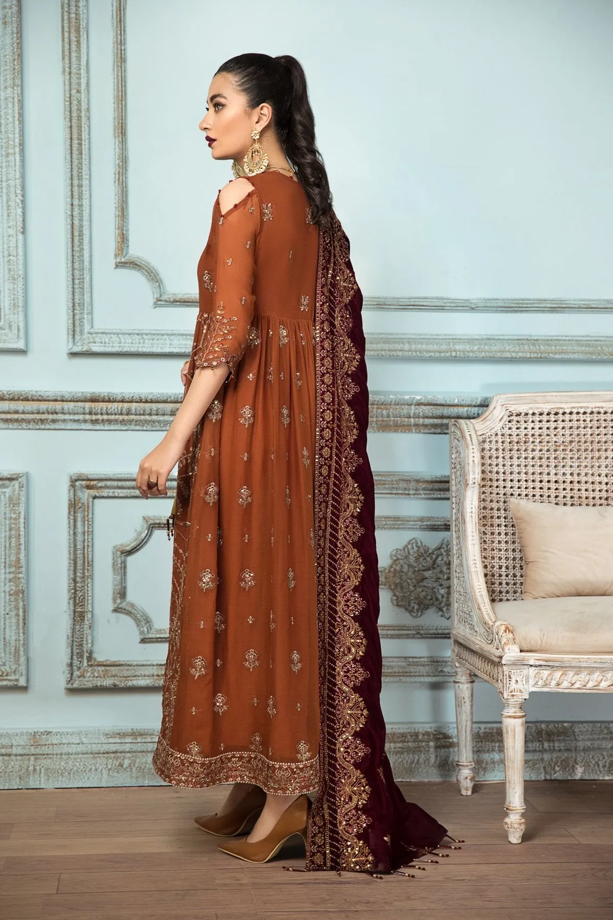 Pakistani Kameez Salwar in Rusty Brown Shade #PF287