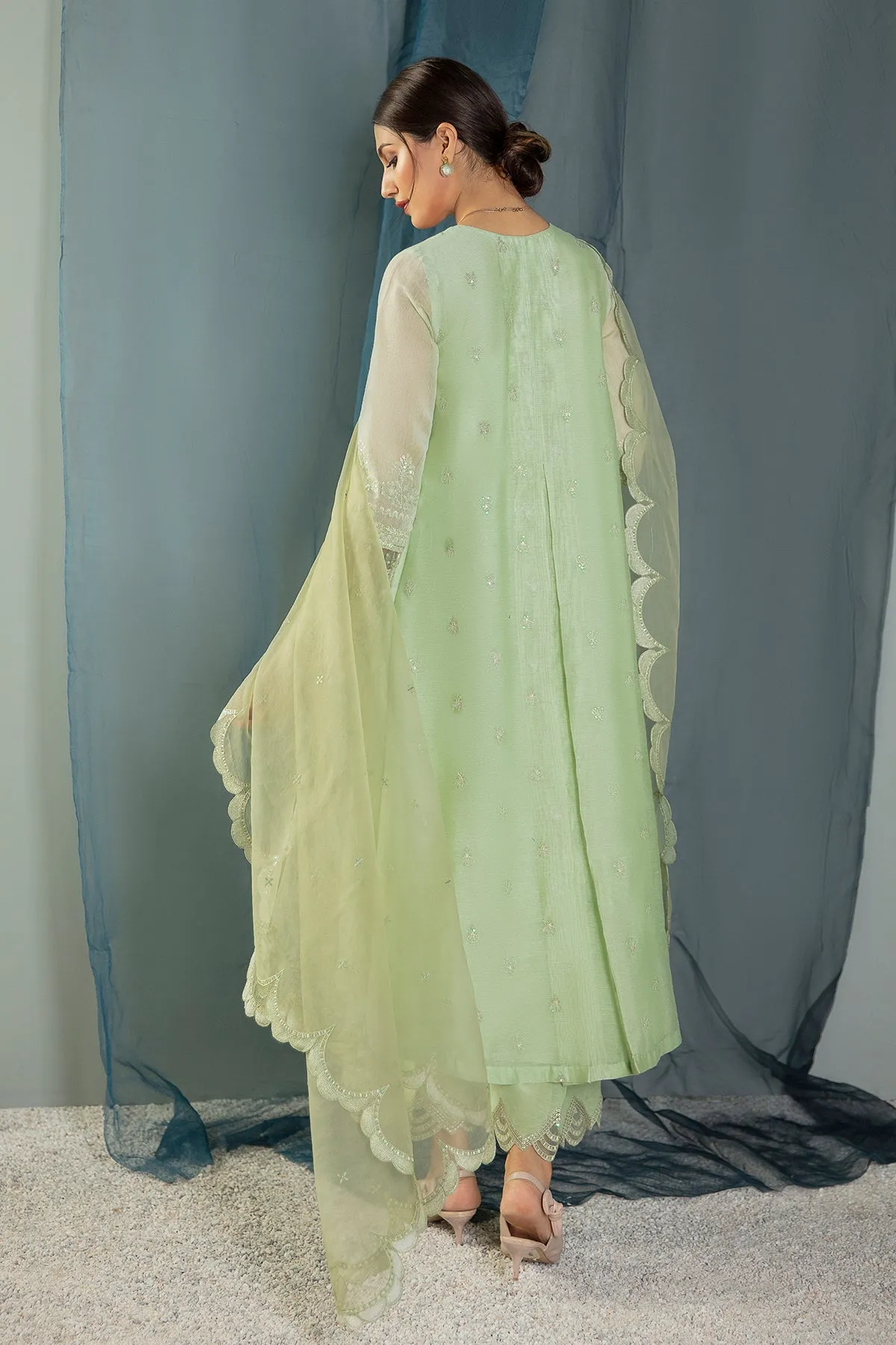 Pakistani Mint Green Kameez in Gown Style Party Wear