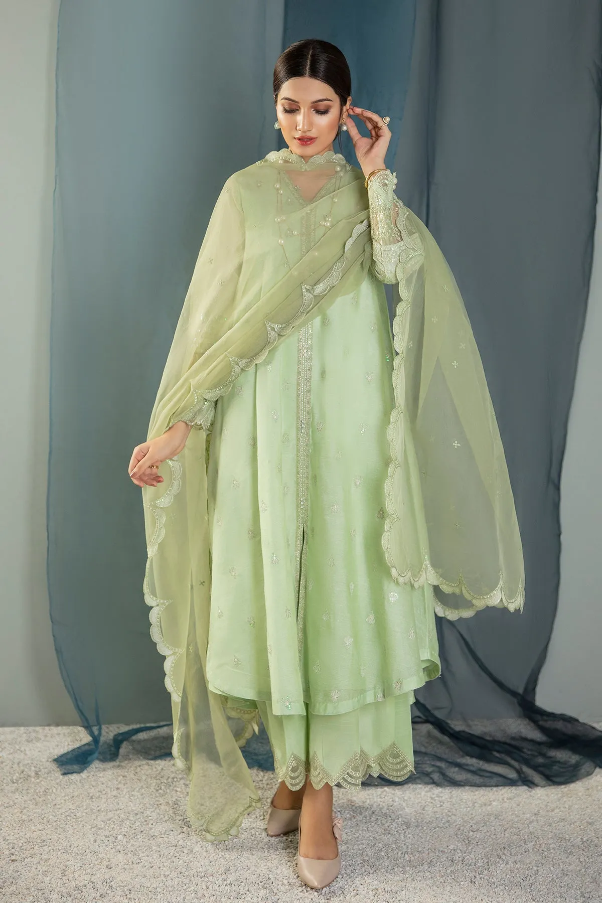 Pakistani Mint Green Kameez in Gown Style Party Wear