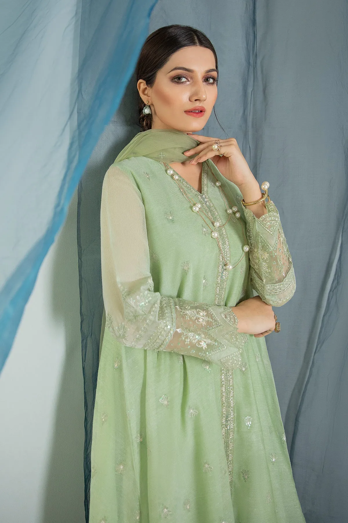 Pakistani Mint Green Kameez in Gown Style Party Wear