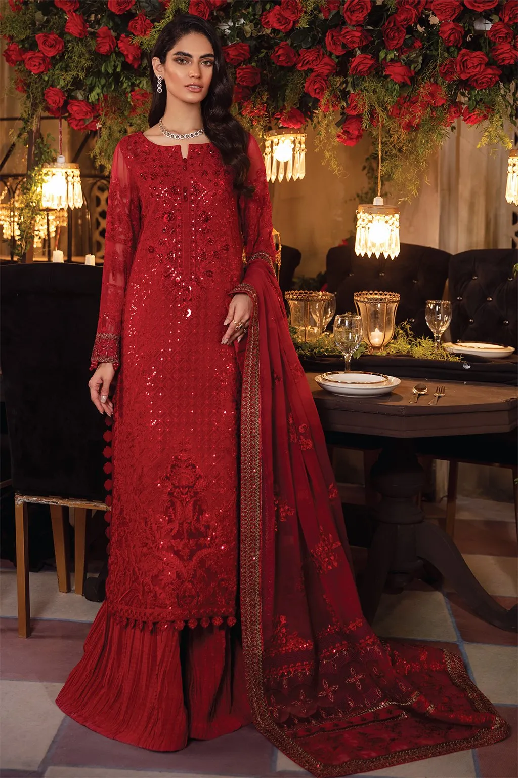 Pakistani Red Dress With Long Kameez Designer #PF193