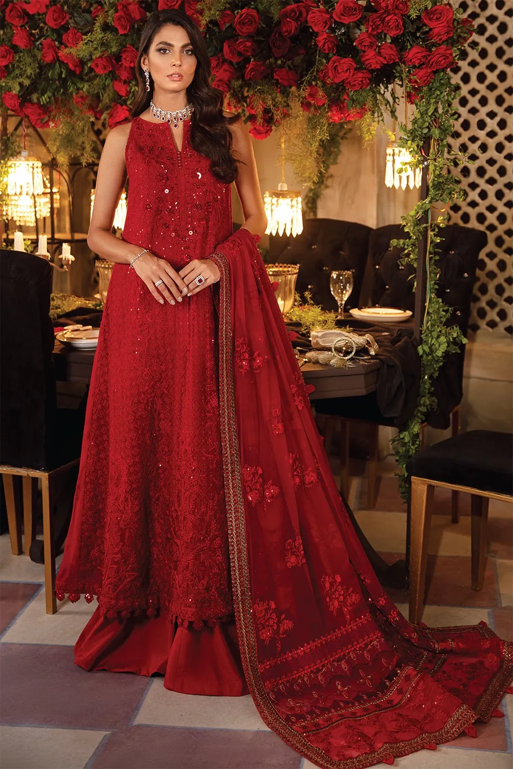 Pakistani Red Dress With Long Kameez Designer #PF193