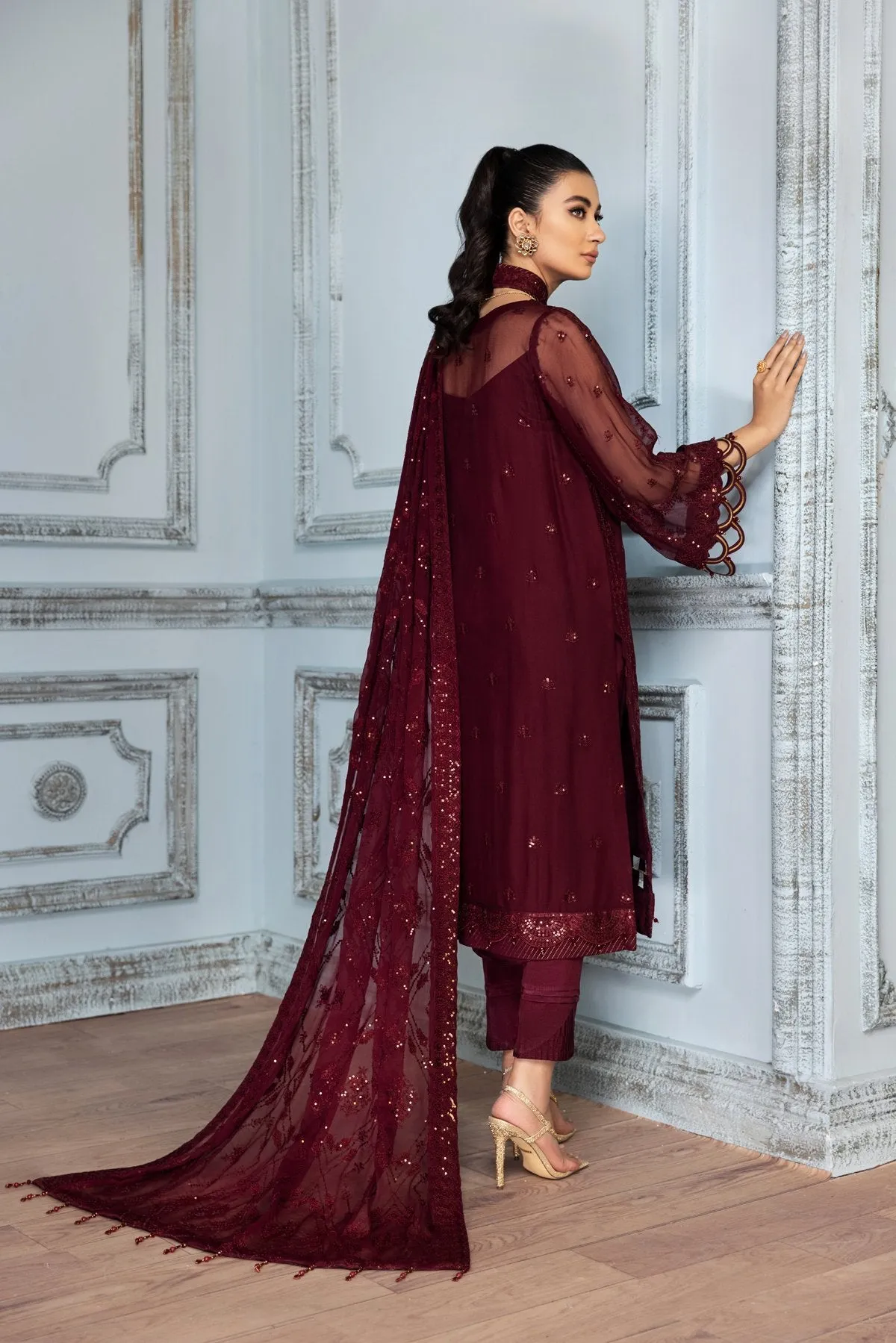 Party Wear Pakistani Frock Dress in Plum Shade #PF285