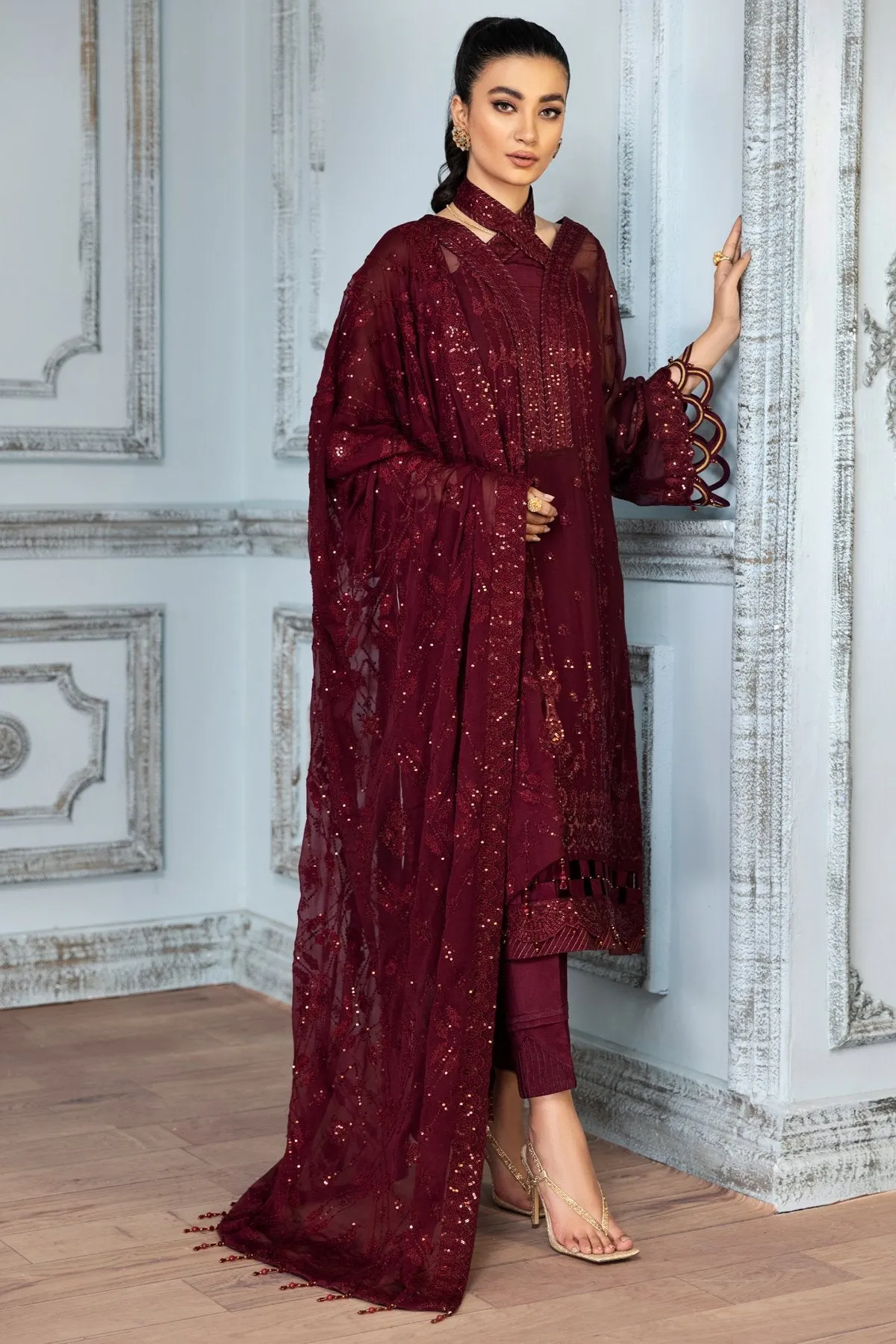 Party Wear Pakistani Frock Dress in Plum Shade #PF285