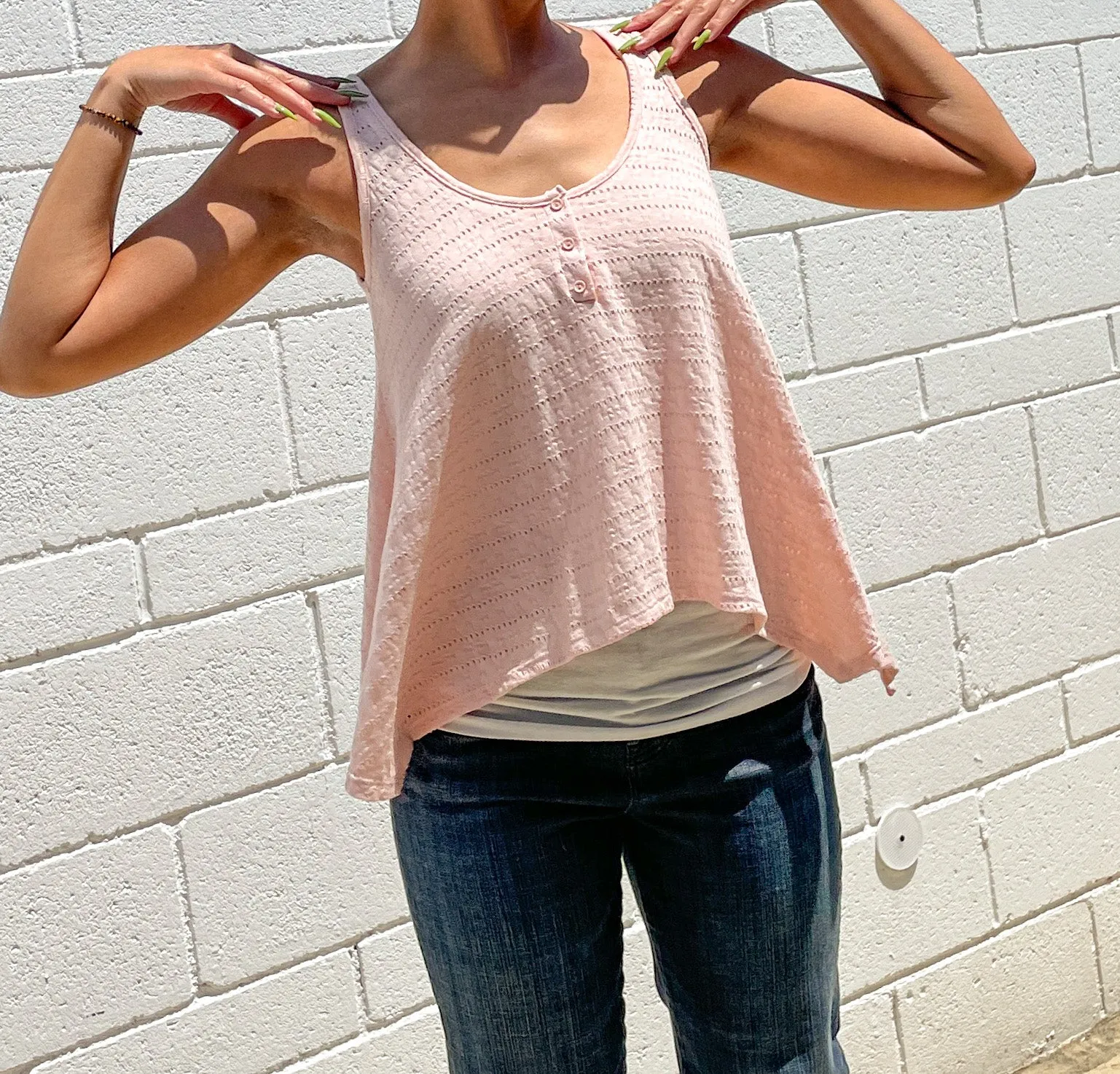 Pink Pointele knit layered Tank Top