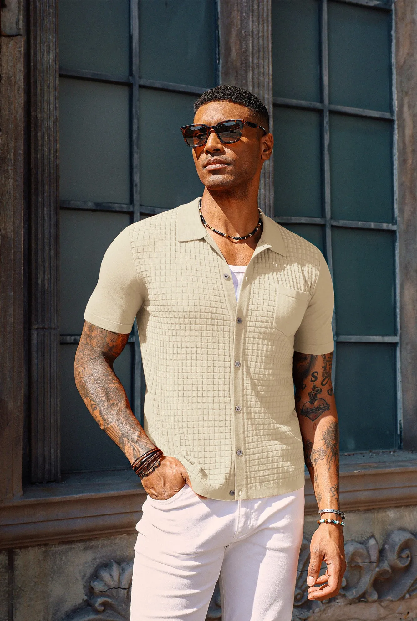 PJ Men Textured Cardigan Short Sleeve Lapel Collar Button-up Sweater Knitwear